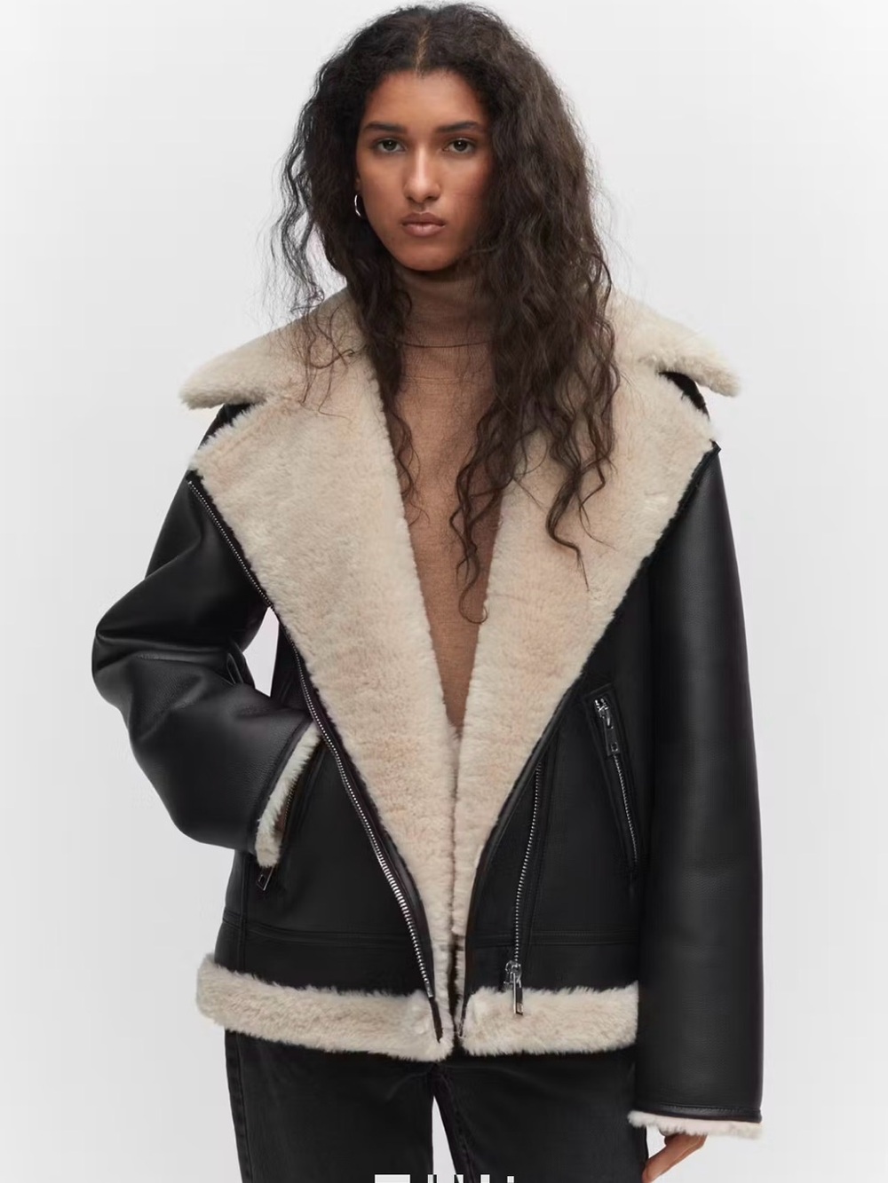 Mango MNG Black Faux Leather Shearling Aviator Jacket Size M Like New
